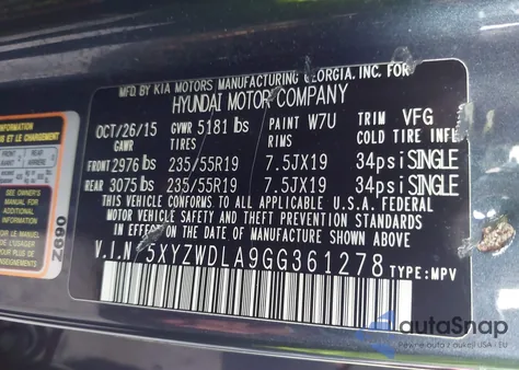 2016 Hyundai Santa Fe Sport 2.0L Turbo from USA, damaged, VIN 5XYZWDLA9GG361278